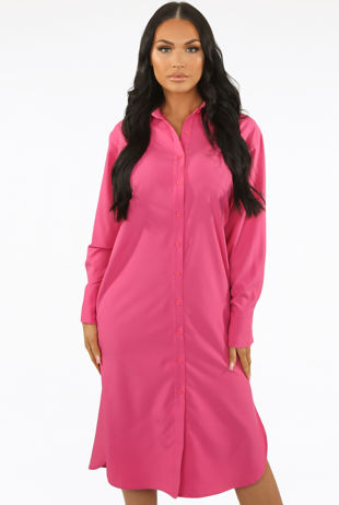 Fuchsia Side Slit Button Up Long Shirt Dress