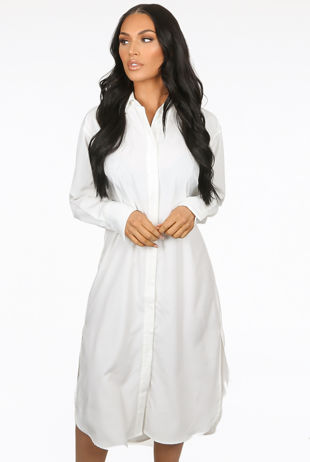 White Side Slit Button Up Long Shirt Dress