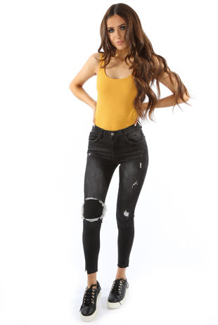 Graphite Skinny Jeans with Shredded Knee Patch