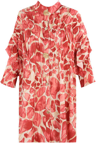 Red Animal Print Ruched Frill Sleeve Shirt Dress