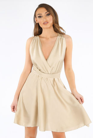 Beige Crossover Back Plunge Drape Dress