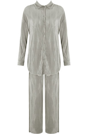 Grey Plisse Blouse And Trouser Set