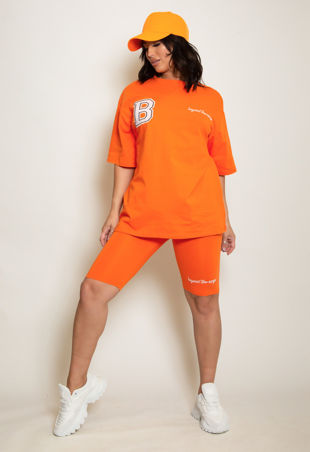 Orange Oversized B Motif T-Shirt And Shorts Set