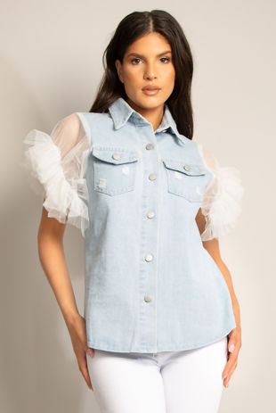 Mesh Sleeve Front Pocketed Denim Shacket 