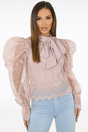 Rose Crochet Mesh Bow Neck Blouse