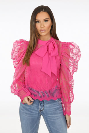 Fuchsia Crochet Mesh Bow Neck Blouse