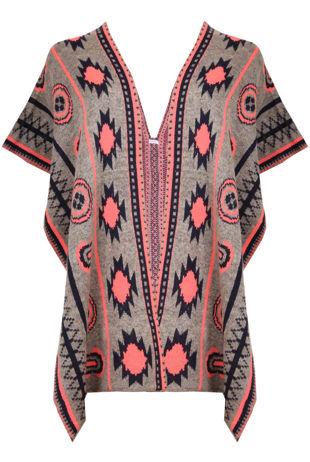 Coral Contrast Symmetrical Print Wrap Cardigan 