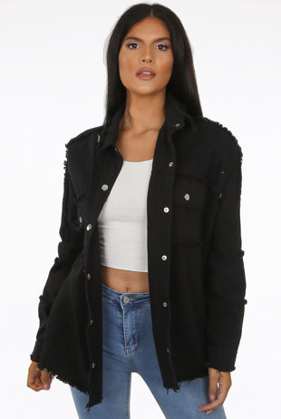 Lace Tassel Trim Denim Black Oversize Jacket 