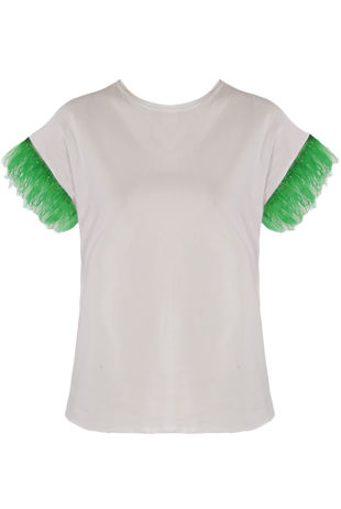 White with Green Ostrich Feather Sleeve T-Shirt