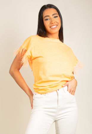 Coral Ostrich Feather Trim T-Shirt