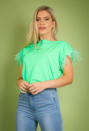 Green Ostrich Feather Trim T-Shirt