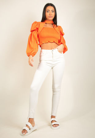 Orange Cut Out Puff Sleeve Shirred Top