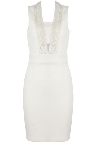  Crochet Lace Front Trim Bodycon Dress in Cream