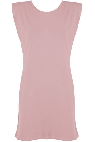 Pink Round Neck Shift Dress With Shoulder Pads