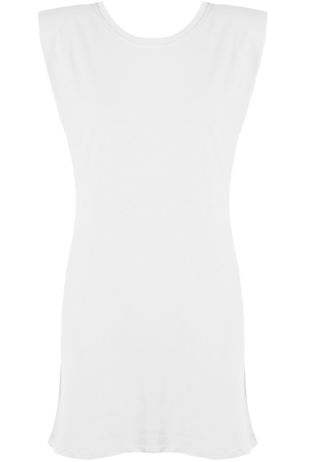 White Round Neck Shift Dress With Shoulder Pads