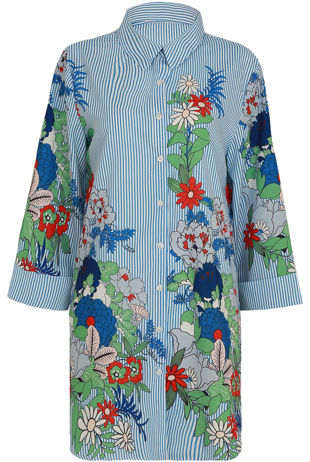Blue Floral Striped Front Button Up Long Shirt
