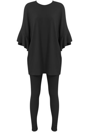 Black Ribbed Frill Sleeved Top & Trouser Set