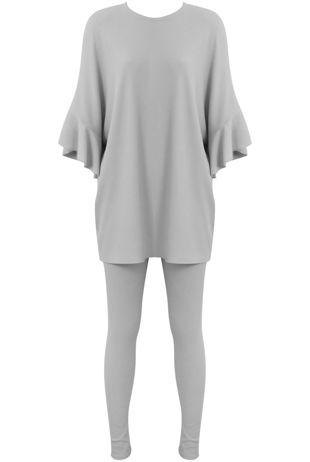 Grey Ribbed Frill Sleeved Top & Trouser Set