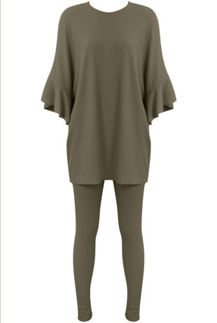 Khaki Ribbed Frill Sleeved Top & Trouser Set
