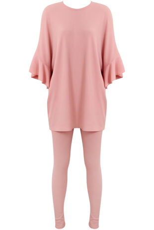 Pink Ribbed Frill Sleeved Top & Trouser Set