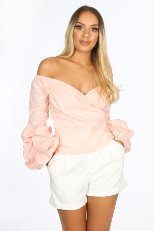 Bardot Puff Sleeve Blouse In Pink