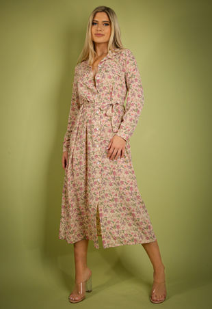 Vintage Floral Print Belted Shirt Dress