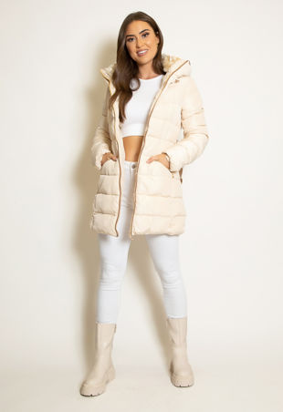 Beige Belted Long Puffer Jacket With Hidden Hood