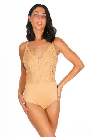 Beige Lace Crochet Back Zip Up Bodysuit