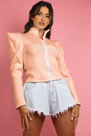 Neoprene Exaggerated Shoulder Jacket In Peach