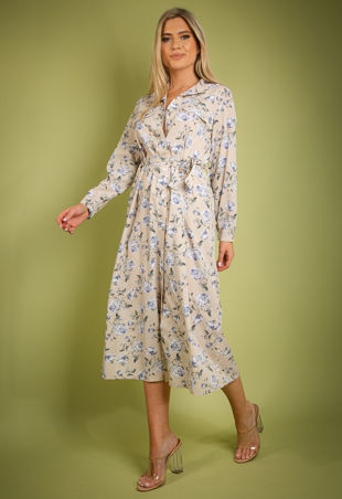 Beige Vintage Floral Print Long Sleeve Shirt Dress