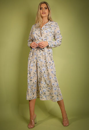 Beige Vintage Floral Print Long Sleeve Shirt Dress