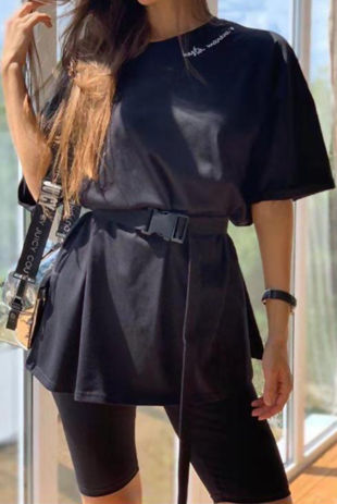 Black Nylon Belt T-Shirt With Cycling Short Set