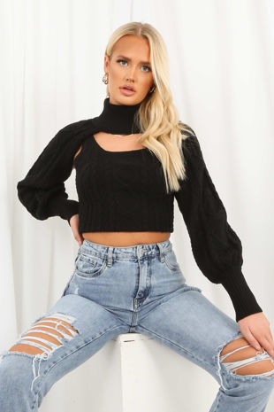 Black Cable Knit Arm Warmer With Detachable Vest Tops