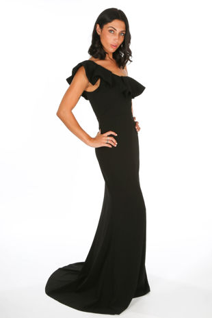 Black One Shoulder Frill Maxi Dress
