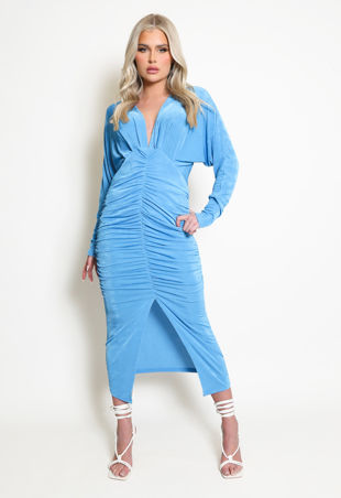 Blue Ruched V Neck Midi Dress