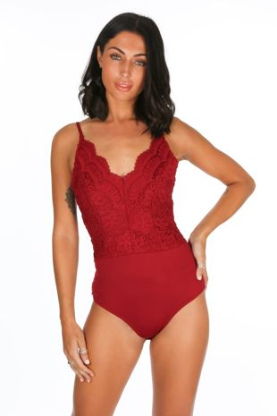 Burgundy Lace Crochet Back Zip Up Bodysuit
