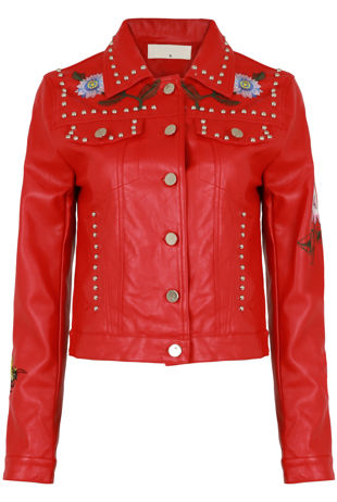 Red PU Embroidered Biker Jacket 