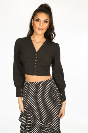 Cropped Button Front Blouse In Black