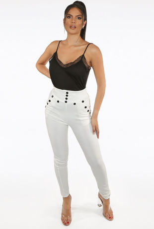 White High Waist Button Trim Trousers