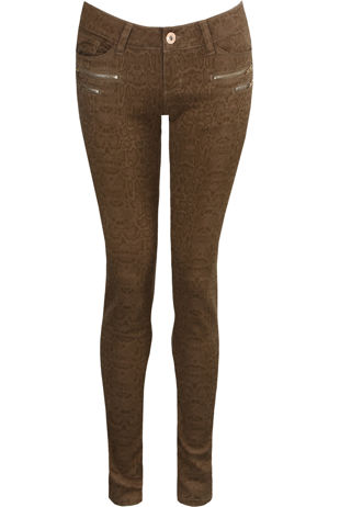 Taupe Reptile Zip Pockets Trim Skinny Jeans