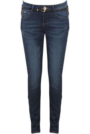 Denim Blue Side Zip Detail Belted Stretch Jeans
