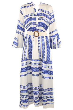 Blue Belted Maxi Dress In Aztec Print