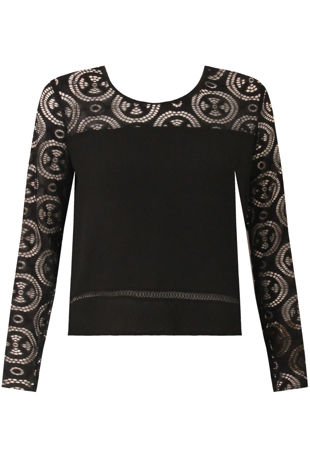 Black Lace Textured Back Zip Up Tops