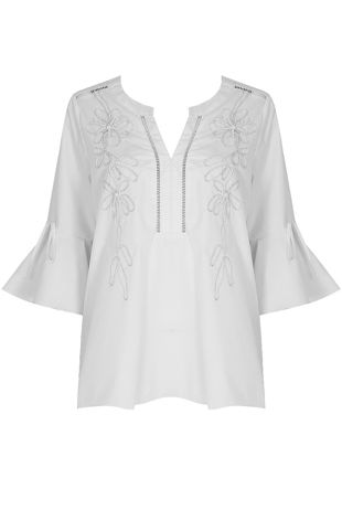 White Bell Sleeve Embroidered Blouse
