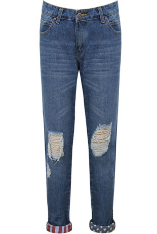 Blue Ripped Detail Front Zip Up Boyfriend Jean