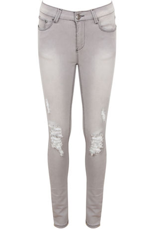 Grey Fitted Knee Ripped Jeans