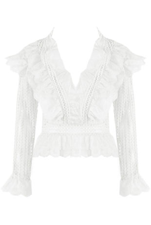 White Lace Mesh Plunge Neck Blouse