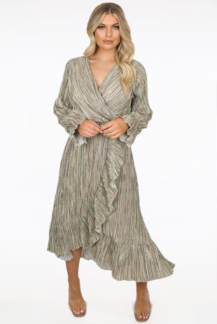 Metallic Stripe Print Wrap Midi Dress