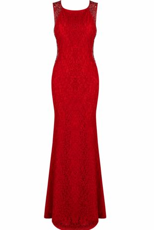 Red Stone Textured Lace Maxi Dress 