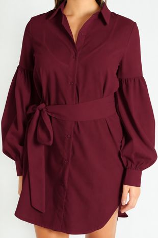 Puff Sleeve Belted Shirt Dress In Burgundy